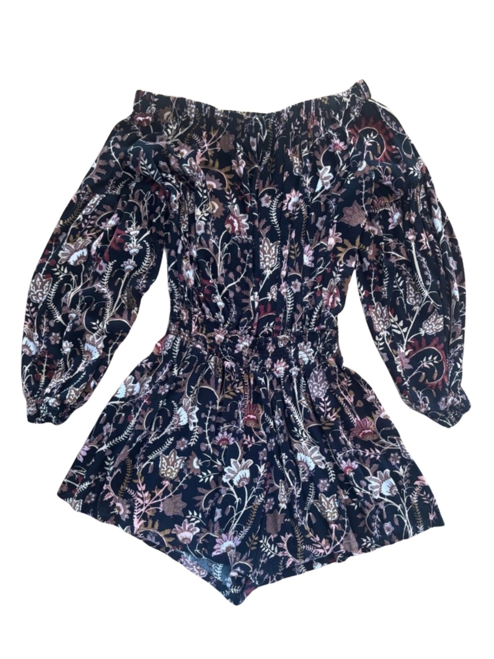 Free People Bohemian Open Back Romper Black Floral XS Off-the-Shoulder Flowy